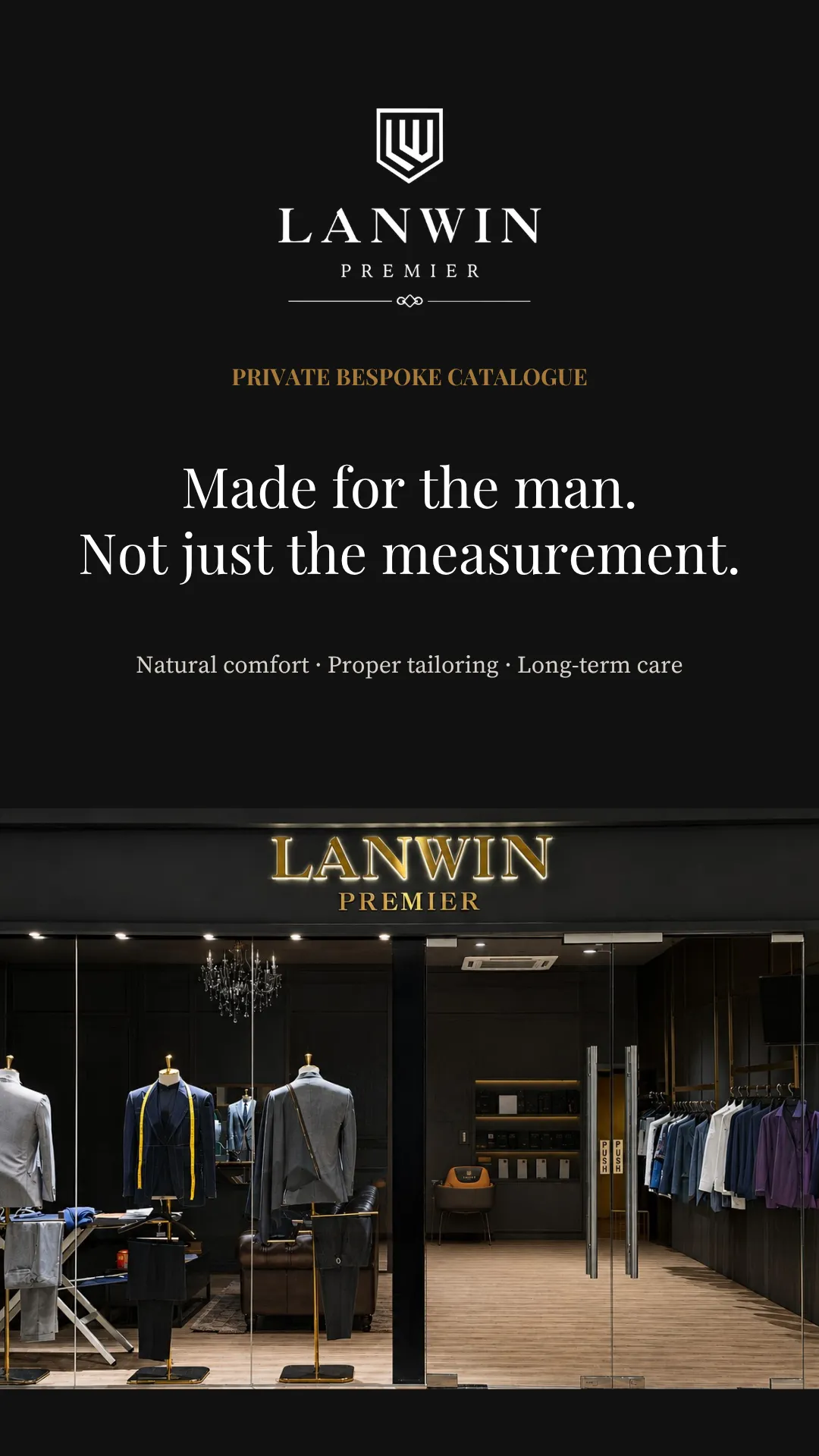 LANWIN Premier Private Bespoke Catalogue cover: Made for the man. Not just the measurement.