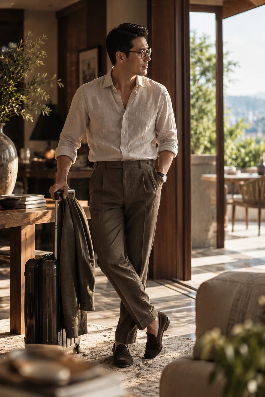 Editorial placeholder for relaxed warm-weather bespoke dressing