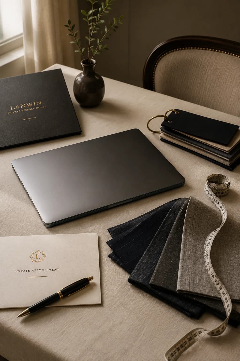 LANWIN discreet tailoring consultation with cloth swatches and measuring references